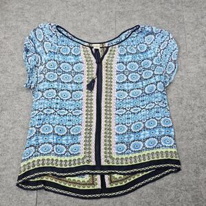 Bila Shirt Womens XXL Blue Boho Floral Tassel Peasant Rayon Coastal Light 70s